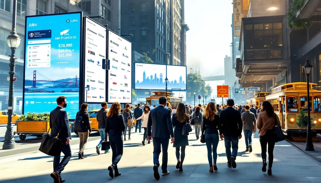 The image depicts a bustling scene of the San Francisco job market, showcasing job seekers engaging with staffing agencies and professionals discussing opportunities. The atmosphere reflects a vibrant networking environment, highlighting the connection between top talent and leading companies in the San Francisco Bay Area.