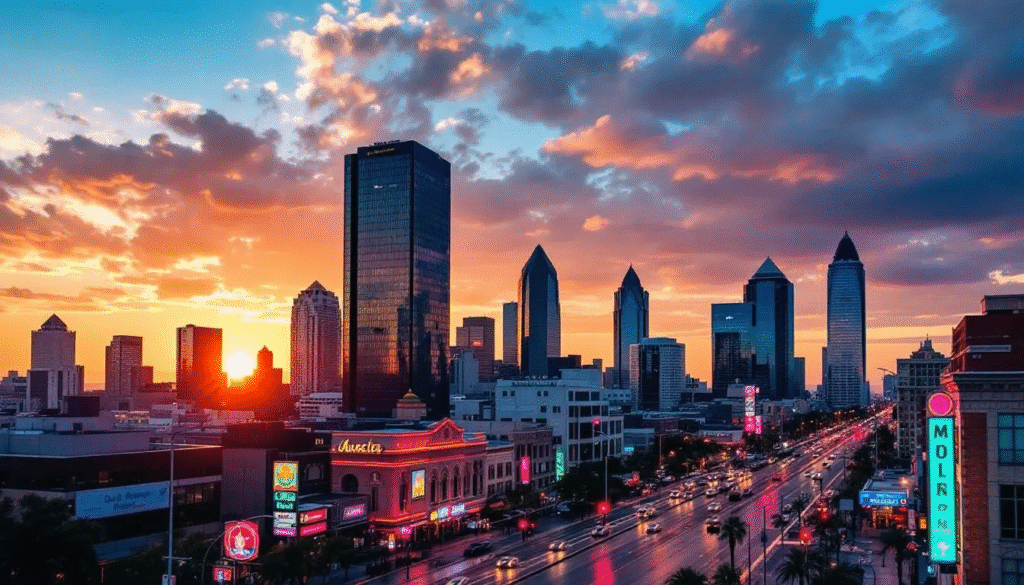The image captures the Los Angeles skyline at sunset, highlighting the vibrant colors of the sky behind the diverse business district. This scene represents the dynamic environment where marketing recruiters and professionals thrive, showcasing the city's role as a hub for top talent and innovative companies.