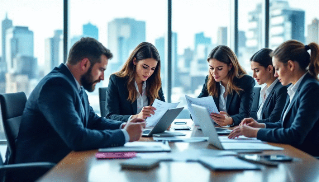 A group of business professionals are gathered around a table, intently reviewing candidate profiles and marketing portfolios, highlighting their commitment to finding top talent for their organization. This scene reflects the collaborative efforts of marketing recruiters in Los Angeles as they seek to align candidates' skills with the company's culture and vision.