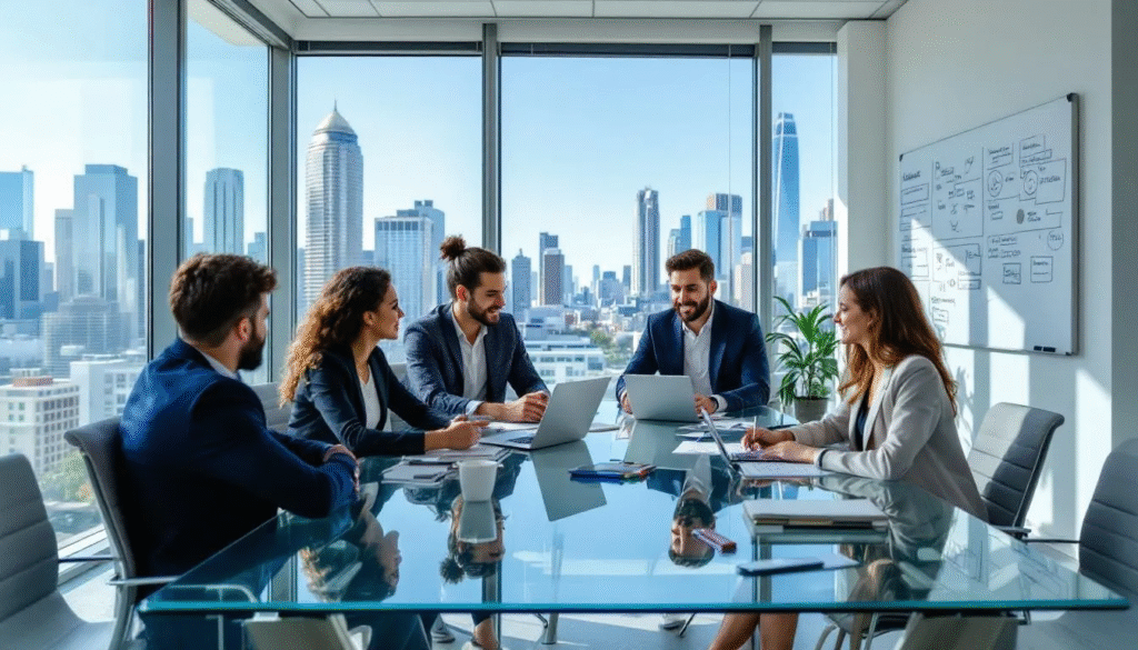 A professional marketing team is collaborating in a modern office in Los Angeles, showcasing a dynamic and creative environment. This group of marketing professionals is engaged in discussions, reflecting a culture of innovation and teamwork essential for recruiting top talent in the LA market.