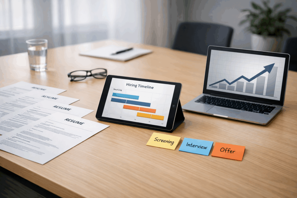 Modern office workspace illustrating a structured hiring workflow with resumes, hiring timeline chart, and planning tools, showing how organizations can reduce time-to-hire without lowering candidate quality through efficient recruitment planning.