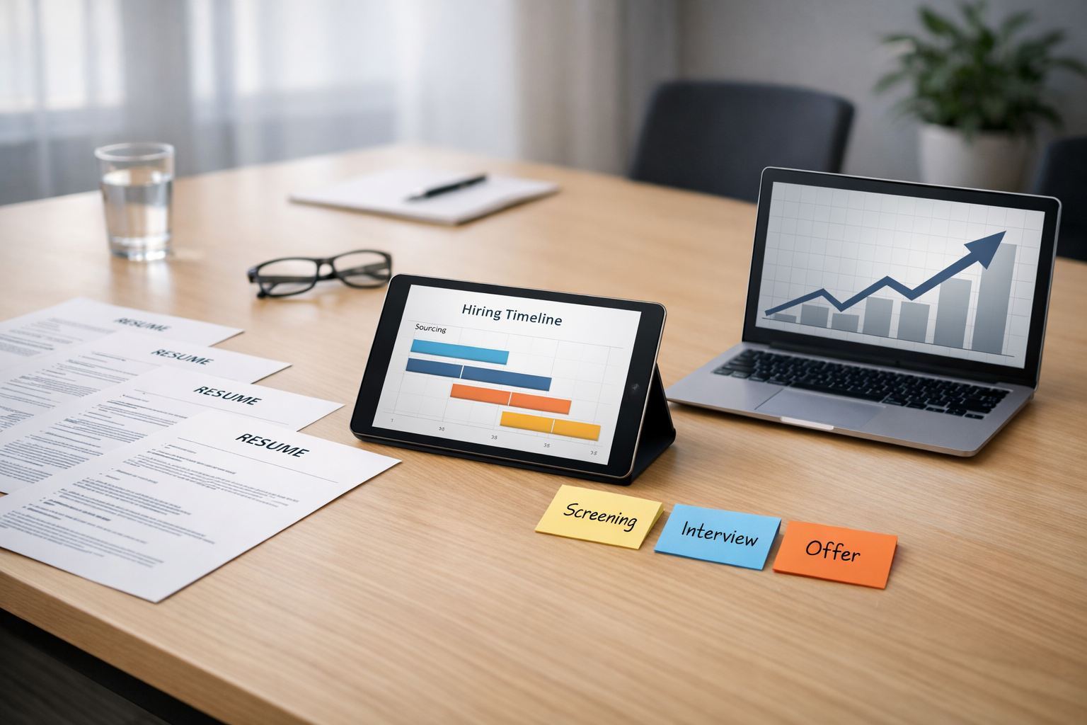 Modern office workspace illustrating a structured hiring workflow with resumes, hiring timeline chart, and planning tools, showing how organizations can reduce time-to-hire without lowering candidate quality through efficient recruitment planning.