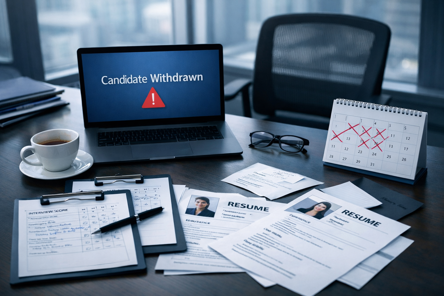 Empty interview chair and abandoned hiring materials showing when candidates quit mid-hiring process, with withdrawn notification on laptop screen