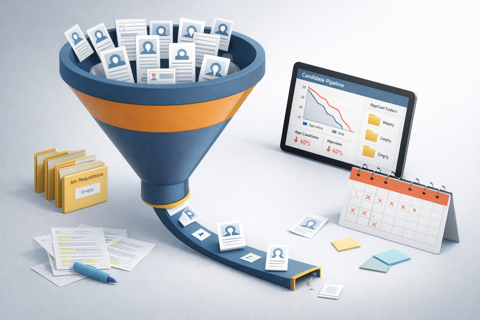 Visual representation of declining candidate flow when talent pipeline dries up, showing empty recruitment funnel with fewer applicants and extended hiring timelines