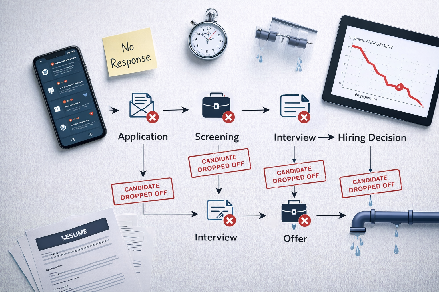 Hiring process timeline showing multiple points where candidates quit mid-hiring process due to delays and poor communication