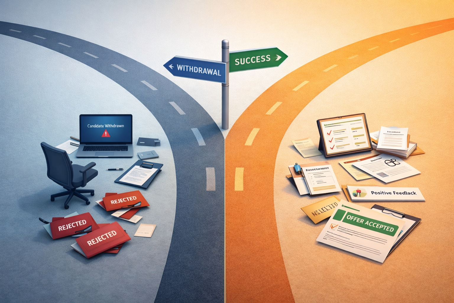 Visual comparison of candidate journey paths when candidates quit mid-hiring process versus successful engagement through positive experience