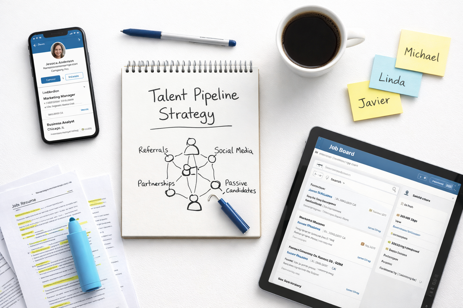 Strategic recruiting tools and sourcing channels laid out on desk to fix problems when talent pipeline dries up, including LinkedIn, resumes, and candidate tracking materials