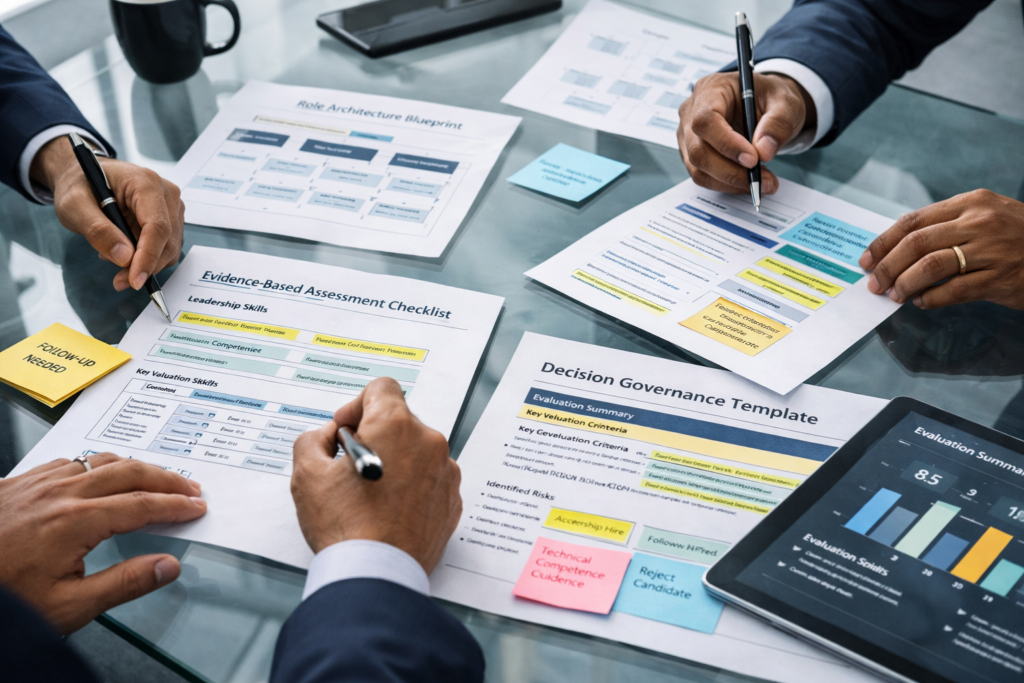 Team collaborating on executive recruitment framework implementation using structured evaluation criteria and stakeholder alignment processes