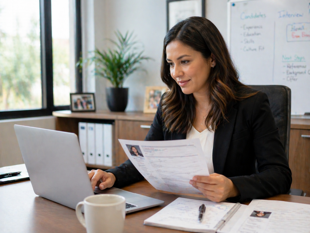 HR professional reviewing candidate profiles — effective HR generalist role hiring requires evaluating competencies, not just years of experience