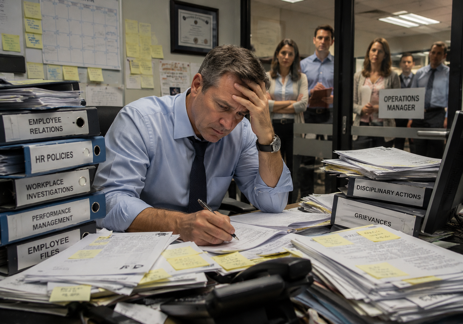 Operations manager overwhelmed by employee issues highlighting the urgent need for HR director hiring in a growing organization