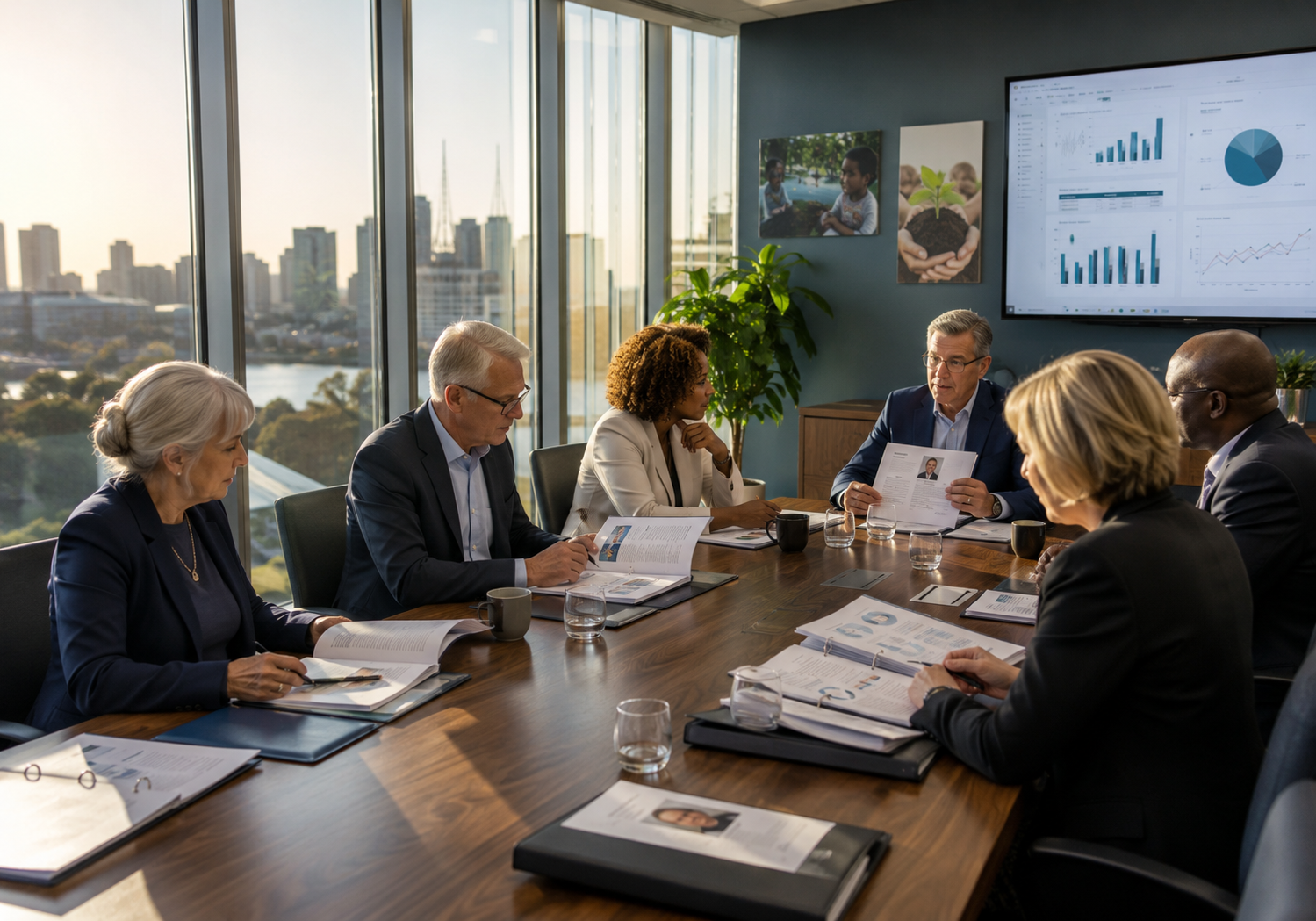 Board members evaluating executive candidates during the nonprofit CEO hiring process in a modern nonprofit headquarters.