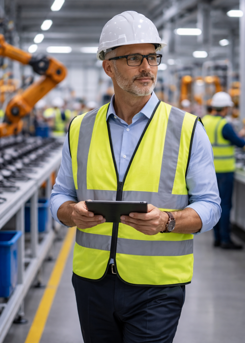 Plant manager overseeing busy factory floor